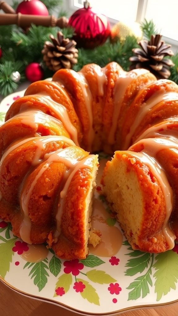 Holiday Monkey Bread Recipe A festive monkey bread with cinnamon sugar, drizzled with glaze, served on a decorative plate surrounded by holiday decor.